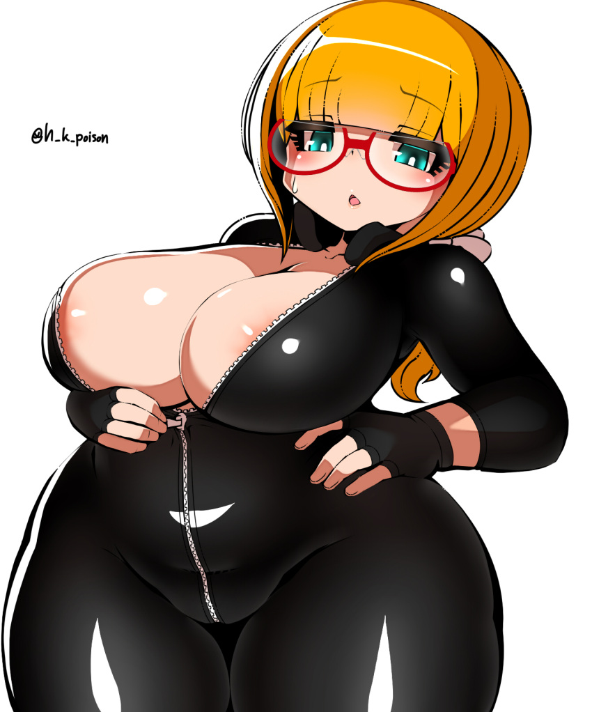 1girl areola_slip areolae artist_name bangs blonde_hair blush bodysuit breasts curvy eyebrows_visible_through_hair fingerless_gloves glasses gloves green_eyes hair_ribbon haku_hakujou_daimaou highres i-8_(kancolle) kantai_collection large_breasts latex latex_bodysuit looking_at_viewer low_ponytail open_mouth plump ribbon simple_background solo thick_thighs thighs unzipping white_background wide_hips