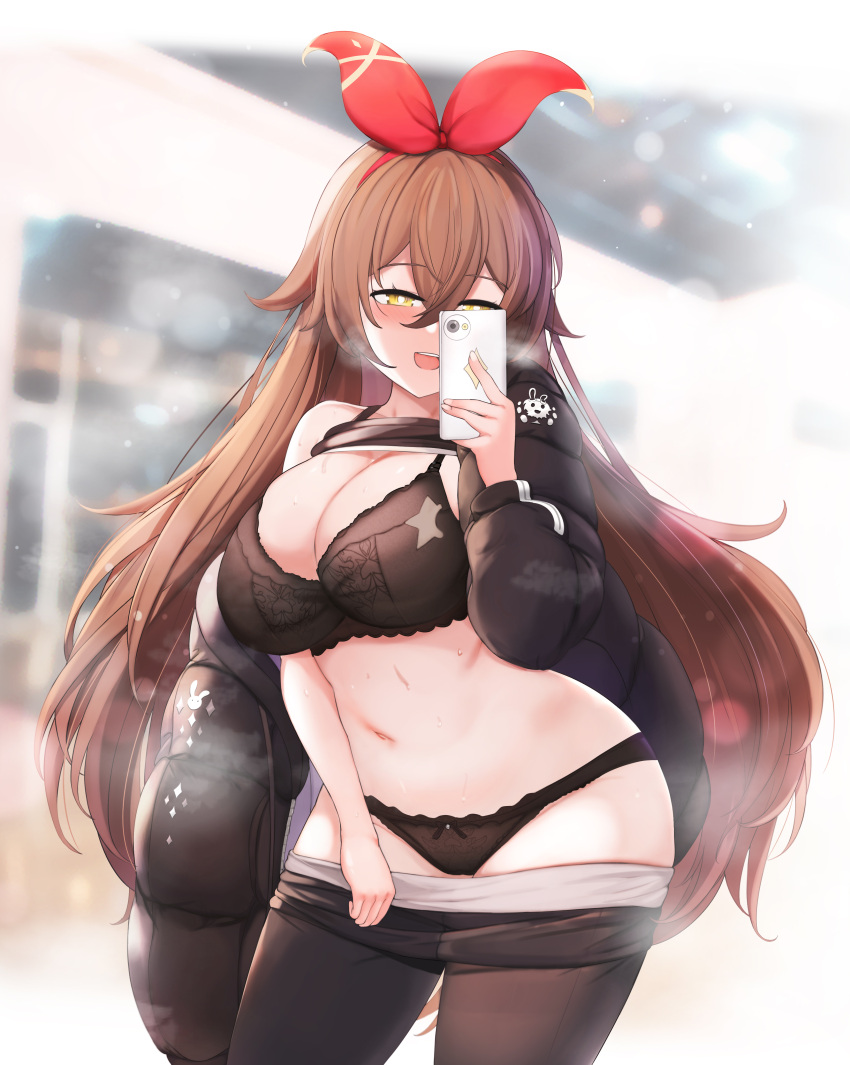 1girl absurdres amber_(genshin_impact) arm_up bangs bare_shoulders black_bra black_panties blush bra breasts brown_hair cellphone cleavage clothes_pull collarbone genshin_impact half-closed_eyes highres holding jacket jacket_partially_removed lace_trim large_breasts long_hair mask mouth_mask navel open_clothes open_mouth panties phone riba ribbon selfie smartphone smile spandex stomach thighs underwear