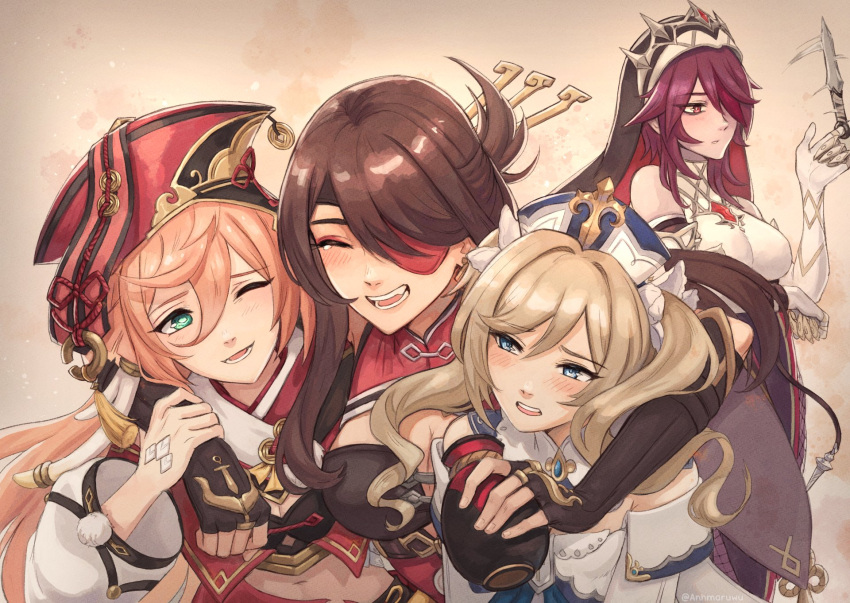4girls anhmaruwu arm_around_shoulder bangs barbara_(genshin_impact) bare_shoulders beidou_(genshin_impact) blue_eyes blush bottle breasts brown_gloves brown_hair claw_ring cleavage closed_eyes crop_top detached_sleeves dress drill_hair eyepatch fingerless_gloves genshin_impact gloves green_eyes habit hair_between_eyes hair_ornament hair_over_one_eye hair_stick hairpin highres knife large_breasts long_hair multicolored_clothes multicolored_headwear multiple_girls nun one_eye_closed one_eye_covered open_mouth orange_hair pink_hair priestess red_eyepatch red_eyes red_hair red_headwear rosaria_(genshin_impact) sake_bottle twin_drills twintails two-tone_dress veil white_dress white_headwear yanfei_(genshin_impact)