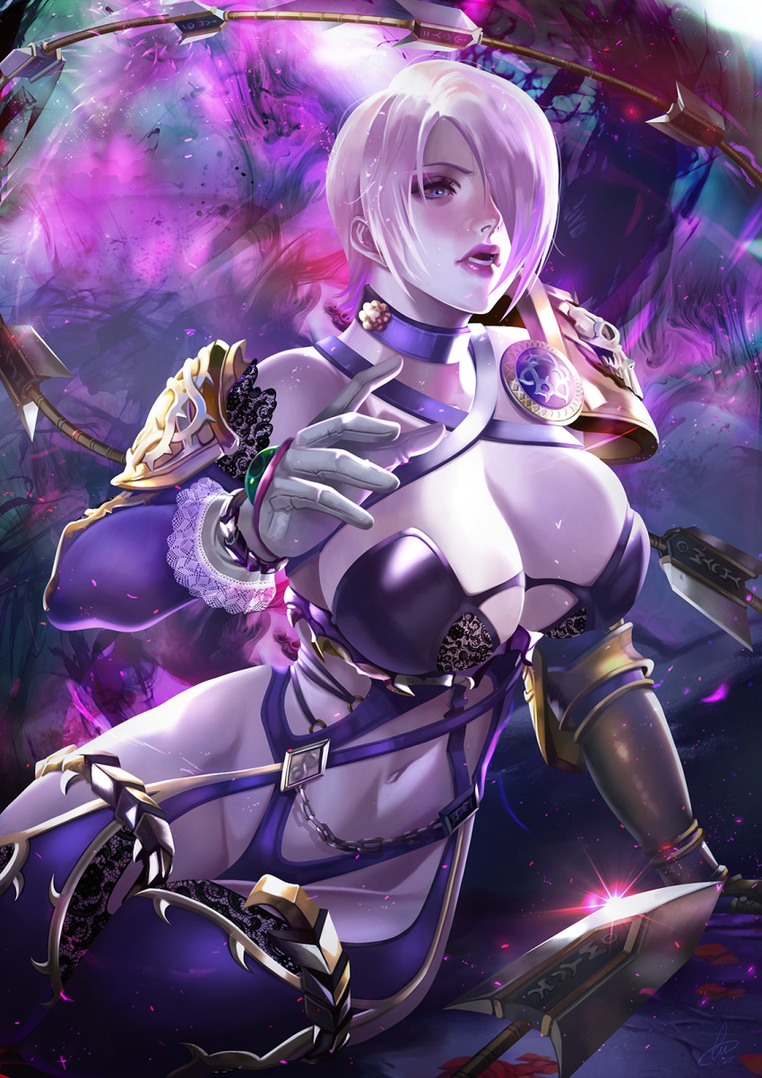 1girl armor blue_eyes bob_cut breasts choker cleavage cmorilla gem gloves highres isabella_valentine large_breasts open_mouth petals purple_hair rose_petals short_hair shoulder_armor skull solo soulcalibur soulcalibur_vi thighhighs weapon whip_sword