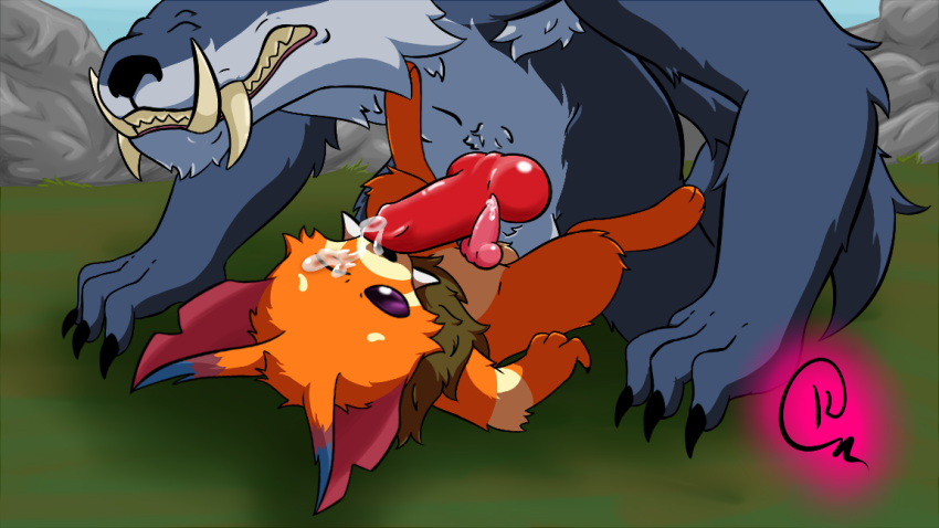 animal_genitalia animal_penis anthro balls blue_body blue_fur bodily_fluids canid canine canine_penis canis cum cum_on_face duo erection fur genital_fluids genitals gnar_(lol) kakau221 knot league_of_legends male male/male mammal orange_body orange_fur penis riot_games size_difference touching_penis video_games warwick_(lol) wolf yordle