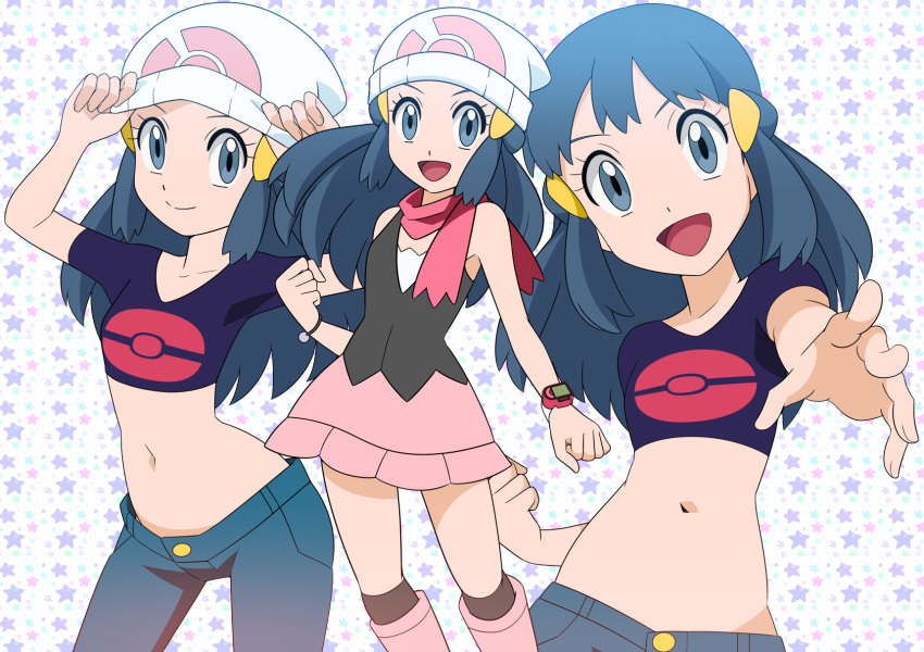 1girl :d bangs beanie boots bracelet clenched_hand closed_mouth commentary_request cropped_shirt dawn_(pokemon) eyelashes grey_eyes hainchu hat highres jewelry long_hair looking_at_viewer midriff multiple_views navel open_mouth outstretched_arm pants pink_footwear pink_scarf pink_skirt poke_ball_print pokemon pokemon_(anime) pokemon_dppt_(anime) poketch scarf shirt skirt sleeveless sleeveless_shirt smile split_mouth tongue watch white_headwear wristwatch