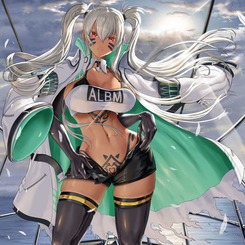 1girl absurdres alabama_(azur_lane) armband azur_lane bandeau bangs bikini bikini_under_clothes black_bikini black_gloves black_legwear black_shorts body_markings bodypaint breasts cleavage closed_mouth clothes_writing cloud cloudy_sky coat coat_on_shoulders collarbone commentary_request cowboy_shot dark-skinned_female dark_skin day detached_collar dorian_oishiiyo elbow_gloves facial_mark floating_hair gloves hair_between_eyes highleg highleg_bikini highres jacket large_breasts long_coat long_hair long_sleeves looking_at_viewer midriff navel ocean open_clothes open_fly open_shorts outdoors pubic_tattoo railing red_eyes short_shorts shorts sidelocks skindentation sky snap-fit_buckle solo standing strapless sunlight swimsuit tattoo taut_clothes thighhighs thighs torn_coat tube_top twintails undressing very_long_hair whisker_markings white_coat white_hair white_jacket white_tube_top