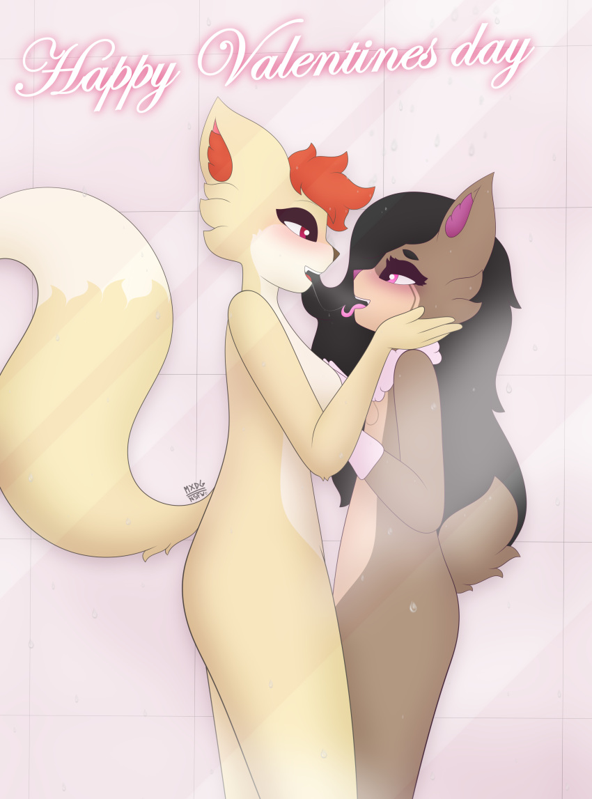 absurd_res anthro black_hair blush bodily_fluids breast_grab breasts brown_body brown_fur canid canine duo eye_contact female female/female flat_chested fluffy fluffy_tail fox fur hair hand_on_breast hi_res holding_face holidays kissing lexy_(max_draws) looking_at_another lotus_(seuchenkater) mammal max_draws neck_tuft orange_hair pink_eyes puffel saliva saliva_on_tongue saliva_string shower standing tongue tongue_out tuft valentine's_day white_body white_fur yellow_body yellow_fur