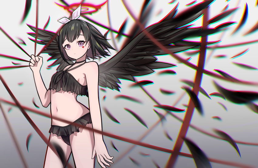 1girl absurdres angel_wings bikini black_bikini black_hair black_wings blue_archive bow chromatic_aberration closed_mouth facial_mark falling_feathers feathered_wings frilled_bikini frills halo heart highres holding ji-rex looking_at_viewer mashiro_(blue_archive) purple_eyes short_hair simple_background solo string swimsuit white_bow wind wings