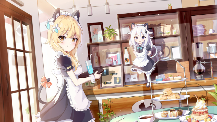 2girls :3 aaaaabk! alternate_costume animal_ears animal_print apron arms_behind_back black_footwear blonde_hair bow cafe cake cake_slice cat_ears cat_girl cat_print cat_tail chinese_commentary closed_mouth cowboy_shot cup dessert door drink enmaided eyebrows_visible_through_hair fake_animal_ears floating flower food fruit_sandwich full_body genshin_impact hair_between_eyes hair_flower hair_ornament hair_over_shoulder highres holding holding_tray indoors lights long_bangs looking_at_viewer maid maid_apron maid_headdress medium_hair multiple_girls open_mouth paimon_(genshin_impact) pastry photo_(object) photo_frame plant plate potted_plant price_tag puffy_short_sleeves puffy_sleeves purple_eyes shadow shelf short_sleeves tail tail_bow tail_ornament tray vision_(genshin_impact) white_apron white_hair white_legwear wrist_cuffs yellow_eyes