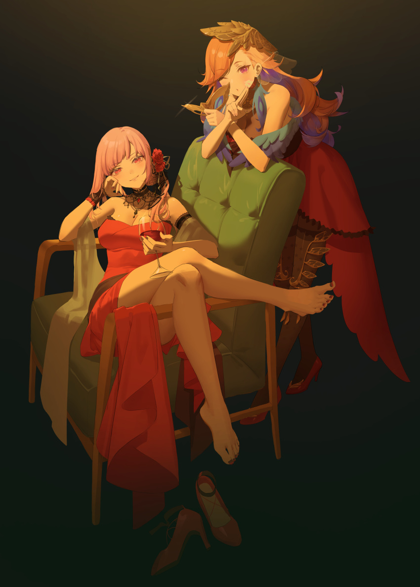 2girls absurdres bare_legs bare_shoulders barefoot blowing_kiss blush breasts cup dress drinking_glass earrings feather_earrings feathers feet gradient_hair highres hololive hololive_english jewelry karesuki legs long_hair lying mori_calliope multicolored_hair multiple_girls nail_polish official_alternate_costume one_eye_closed orange_hair pink_hair purple_eyes red_dress red_eyes takanashi_kiara toenail_polish toenails toes virtual_youtuber wine_glass yuri