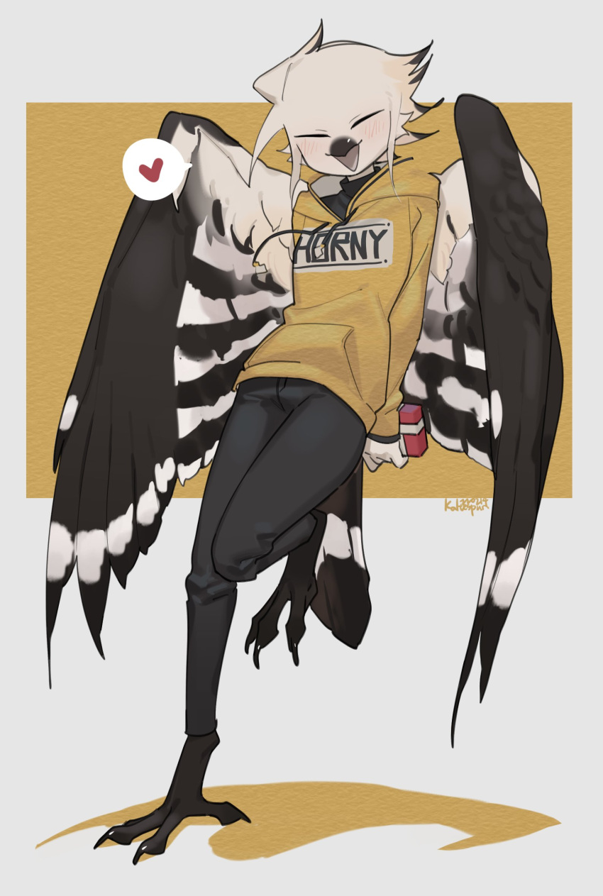 &lt;3 2022 anthro avian beak biped bird bird_feet black_beak black_body black_feathers blush bottomwear bucerotiform claws clothed clothing digital_media_(artwork) feathers female fully_clothed gift hi_res hoodie hoopoe lorenzo_(royluna) multicolored_body multicolored_feathers open_mouth open_smile pants royluna simple_background smile solo speech_bubble tan_body tan_feathers toe_claws topwear white_background white_body white_feathers yellow_background