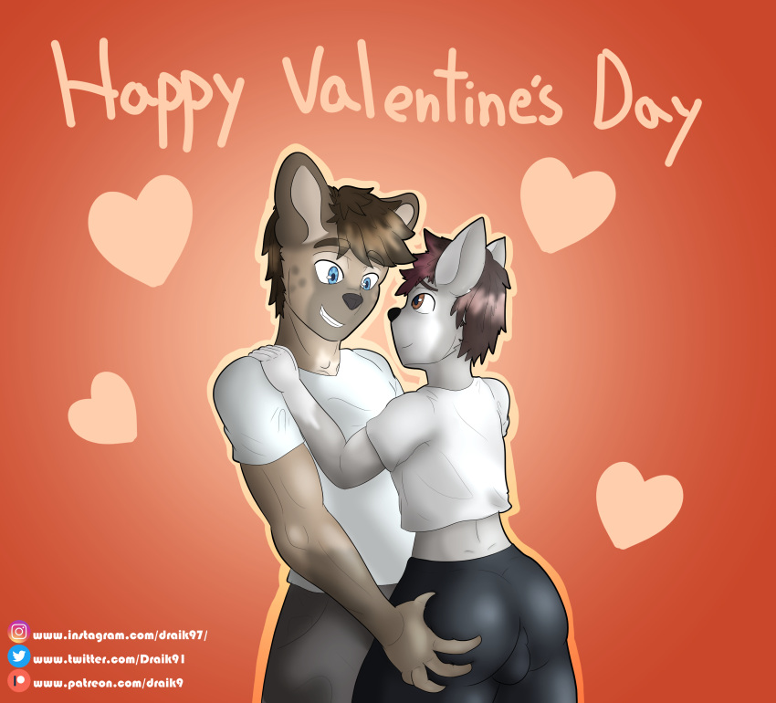 &lt;3 absurd_res anthro butt butt_grab canid canine canis clothed clothing digital_media_(artwork) draik duo eye_contact fur grey_body grey_fur hair hand_on_butt hi_res holidays hyaenid looking_at_another looking_up male mammal shaded simple_background spots spotted_body spotted_hyena text valentine's_day wolf