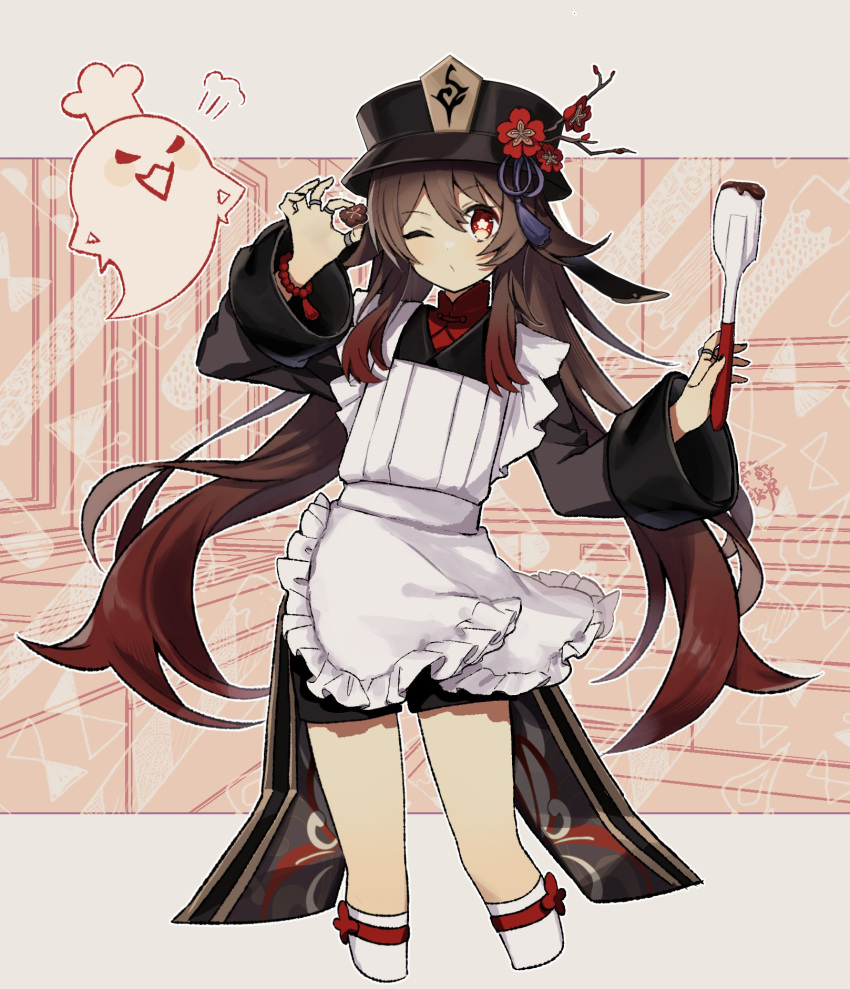 1225ka 1girl =3 apron bangs bead_bracelet beads black_nails black_shorts blush bracelet chinese_clothes coattails collared_shirt cropped_legs eyelashes flower flower-shaped_pupils frilled_apron frills genshin_impact ghost hat hat_flower highres hitodama holding hu_tao_(genshin_impact) jewelry letterboxed long_hair long_sleeves looking_at_viewer mixer_(cooking) one_eye_closed plum_blossoms porkpie_hat red_eyes red_rope red_shirt ring rope shirt short_shorts shorts solo standing symbol-shaped_pupils tassel twig white_apron wide_sleeves wing_collar