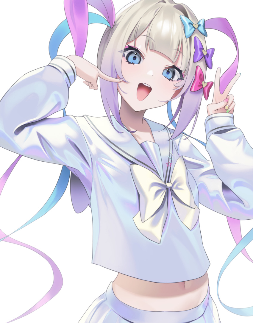 1girl ;d arms_up bangs blonde_hair blue_eyes blue_hair blunt_bangs bow chouzetsusaikawa_tenshi-chan collared_shirt eyeshadow hair_ornament highres holographic_clothing iridescent long_sleeves makeup multicolored_hair nail_polish navel needy_girl_overdose one_eye_closed open_mouth pink_hair purple_hair quad_tails sailor_collar sailor_shirt school_uniform shirt shirt_bow simple_background skirt smile solo v white_background yaye