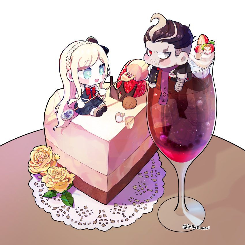 1boy 1girl :d absurdres animal bandaged_arm bandages bangs black_bow black_dress black_hair black_jacket black_pants blonde_hair bow bowtie cake character_request cream danganronpa_(series) danganronpa_2:_goodbye_despair dress dudeoji_(dotheg_ansoni) eating flower food food_on_face fruit glass green_eyes grey_background grey_hair hair_bow hamster highres jacket long_hair miniboy minigirl pants pink_scarf puffy_short_sleeves puffy_sleeves red_bow red_bowtie scarf short_hair short_sleeves simple_background sitting smile sonia_nevermind strawberry table tanaka_gandamu teeth twitter_username upper_teeth yellow_flower