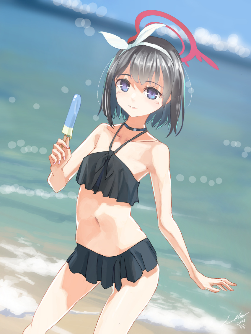 1girl absurdres bangs beach bikini black_bikini black_hair blue_archive blurry bokeh bow bow_hairband cowboy_shot dated depth_of_field dutch_angle food frilled_bikini frills hairband halo highres holding holding_food light_blush light_smile looking_at_viewer mashiro_(blue_archive) midriff navel no_wings outdoors popsicle purple_eyes short_hair signature solo swimsuit utachy water white_bow white_hairband