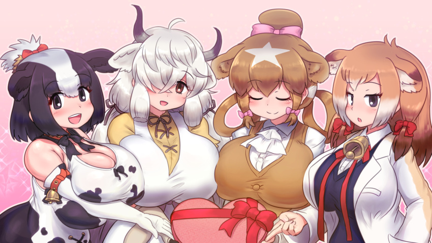 4girls :d ahoge animal_ears animal_print asymmetrical_docking bangs bare_shoulders bell black_eyes black_hair bow box breast_press breasts brown_eyes brown_hair cleavage closed_eyes closed_mouth colored_inner_hair cow_ears cow_print deep_skin dress elbow_gloves extra_ears eyebrows_visible_through_hair facing_viewer gift gift_box gloves grey_hair guernsey_cattle_(kemono_friends) hair_bow hair_over_one_eye hair_ribbon hair_rings hand_in_pocket heart-shaped_box highres holding holding_gift holstein_friesian_cattle_(kemono_friends) huge_breasts incoming_gift jersey_cattle_(kemono_friends) kemono_friends labcoat long_bangs long_hair long_sleeves looking_at_viewer medium_hair mo23 multicolored_hair multiple_girls neck_ribbon open_mouth outstretched_arm parted_lips ribbon short_sleeves side-by-side sidelocks silver_hair skindentation sleeveless sleeveless_dress smile sweater twintails upper_body valentine very_long_hair white_hair yak_(kemono_friends)