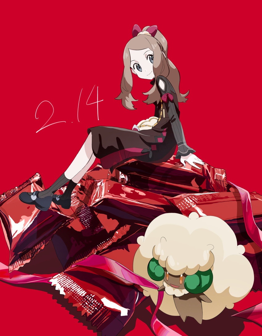 1girl absurdres asagiri_kogen bag black_footwear brown_dress brown_hair brown_legwear closed_mouth dated dress eyelashes grey_eyes hair_ribbon highres long_hair long_sleeves looking_to_the_side official_alternate_costume pokemon pokemon_(creature) pokemon_(game) pokemon_masters_ex red_background red_ribbon ribbed_legwear ribbon serena_(pokemon) shoes sidelocks sitting smile socks symbol-only_commentary whimsicott wrapper