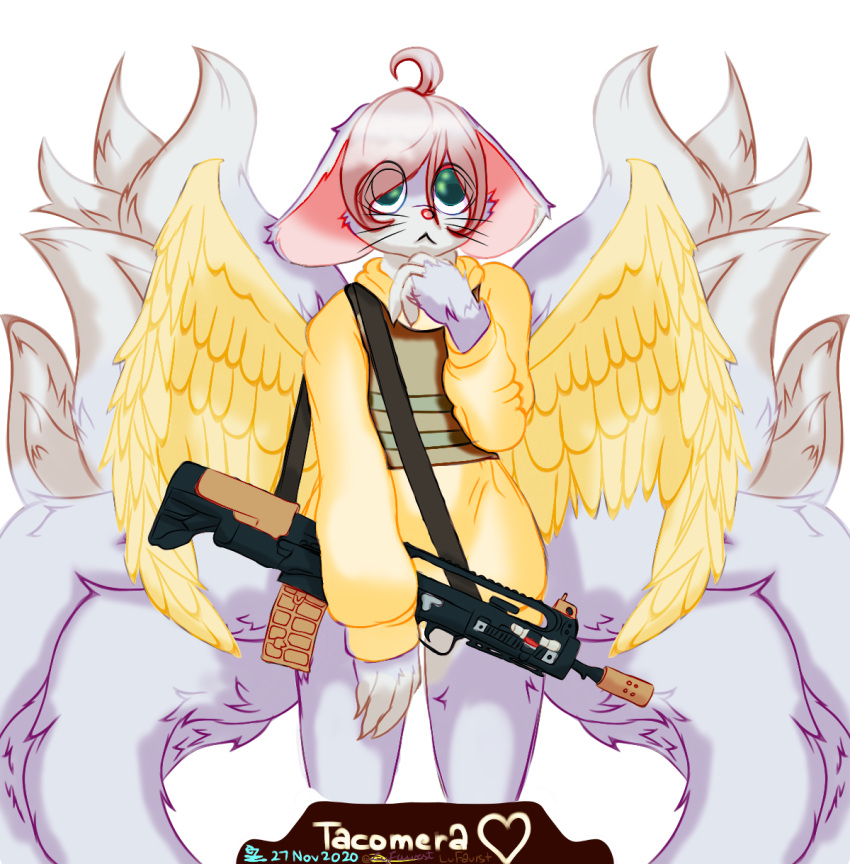 5_fingers anthro big_ears big_eyes canid canine clothed clothing feathers female fingers flexible_survival fluffy fluffy_tail fox fur green_eyes gun hair hi_res hoodie human laffulaffubread mammal maus'sune mouse multi_tail murid murine pink_hair purple_body purple_fur ranged_weapon rifle rodent small_(disambiguation) solo tacomera_(laffulfaffubread) tail topwear vest weapon whiskers wings yellow_hoodie