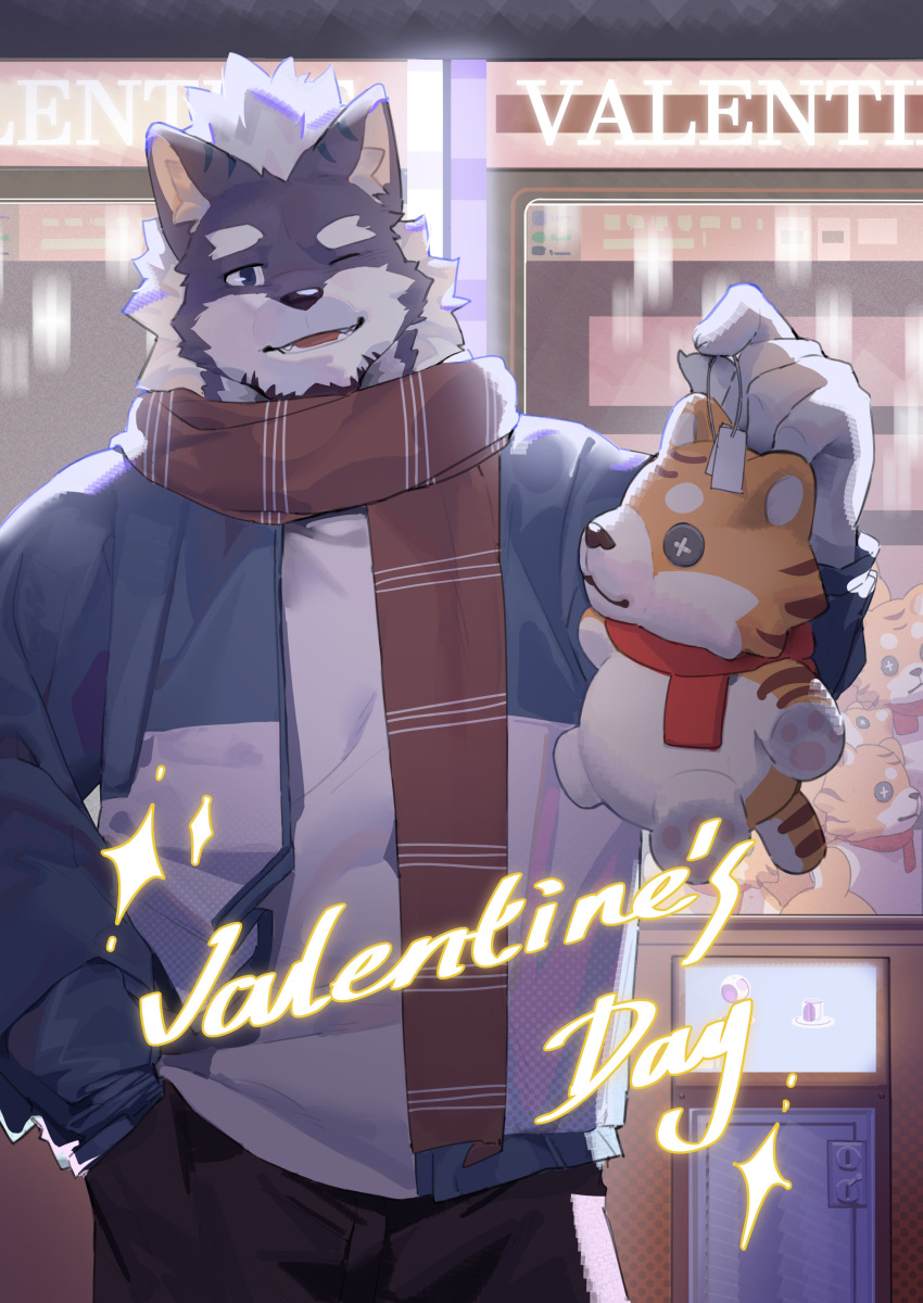 1boy 9x8bit absurdres animal_ears bara button_eyes crane_game fangs grey_fur hand_in_pocket happy_valentine heart highres lock male_focus one_eye_closed original paw_print scarf smile stuffed_animal stuffed_toy symbol-only_commentary tag valentine winter_clothes wolf_boy wolf_ears