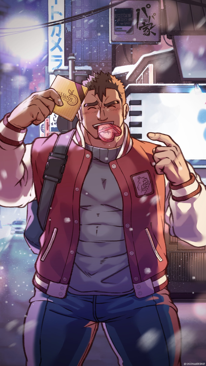 absurdres backpack bag bara blush box box_of_chocolates brown_hair building closed_eyes english_commentary greek_text happy_valentine highres holding holding_box in_mouth jacket large_pectorals letterman_jacket male_focus onionworkshop original pectorals pointing pointing_at_self sign sweater thick_thighs thighs translated valentine wifi_symbol wrinkled_fabric