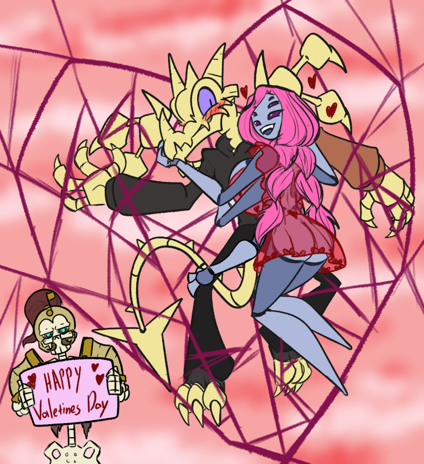 &lt;3 animal_humanoid anthro arachnid arachnid_humanoid armor arthropod arthropod_humanoid arthropod_webbing big_breasts blue_eyes blush bone bound braided_pigtails breast_squish breasts butt clothing deterex525 dracolich dragon embrace eyewear facial_hair female glasses glowing glowing_eyes group hair headgear helmet hi_res holding_object holding_sign holidays horn humanoid lich looking_annoyed looking_at_viewer male male/female mortalis_the_grim multi_eye multi_limb musical_note mustache pink_background pink_hair purple_eyes shoulder_pads sign simple_background skeleton spade_tail spider spider_humanoid squish taffeta_silkin touching_face translucent translucent_clothing undead valentine's_day web_bondage wings