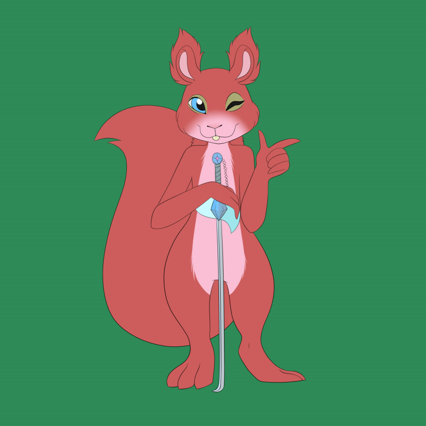 absurd_res anthro blue_eyes buckteeth countershade_face countershade_torso countershading crystal digitigrade ear_tuft fur hi_res katana kate_hanami looking_at_viewer male mammal melee_weapon one_eye_closed pink_body pink_fur red_body red_fur red_squirrel_(disambiguation) rodent sciurid simple_background smile smiling_at_viewer solo sword teeth tuft weapon wink winking_at_viewer