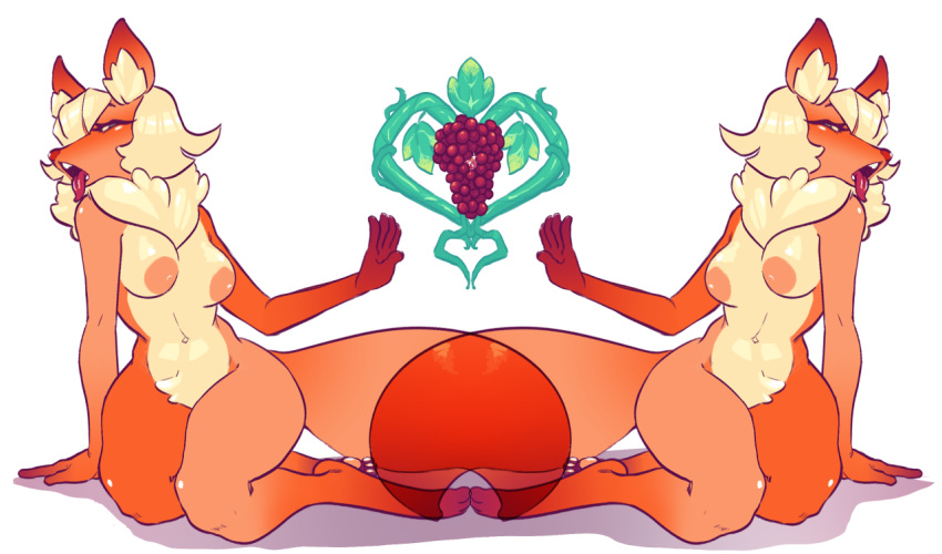 anthro areola bawdybrews blonde_hair breasts canid canine food fox fruit grape hair kneeling leaf male mammal mirror mirror_reflection navel neck_tuft nude open_mouth pawpads plant red_body reflection simple_background solo tagme teeth tongue tongue_out tuft vines white_background