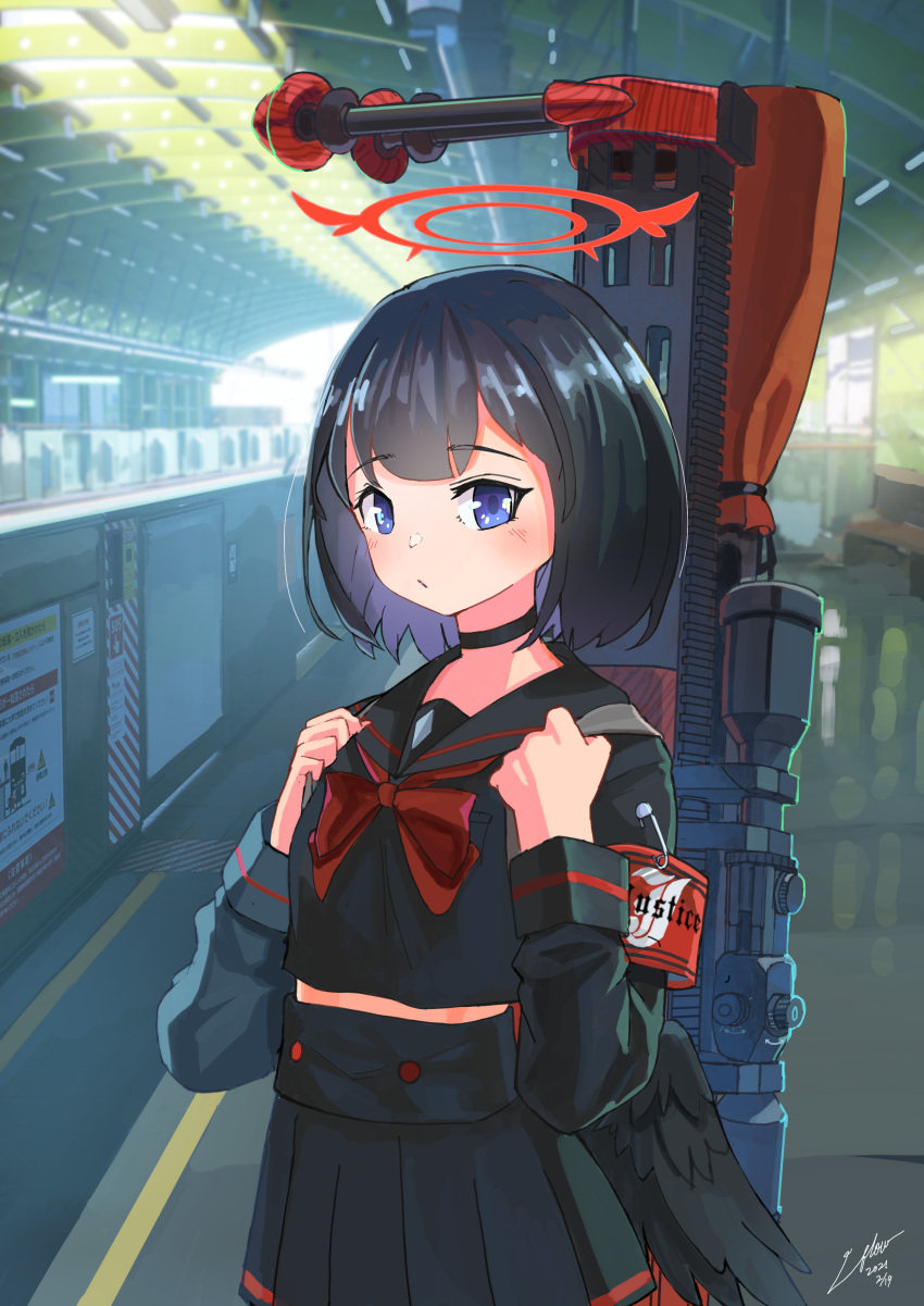 1girl absurdres anti-materiel_rifle anzio_ironworks_20mm_rifle armband bangs bipod black_hair black_sailor_collar black_serafuku black_skirt black_wings blue_archive blue_eyes bow bowtie choker crop_top dated eyebrows_visible_through_hair feathered_wings gun halo highres holding_strap indoors long_sleeves looking_at_viewer low_wings mashiro_(blue_archive) midriff_peek pleated_skirt red_bow red_bowtie rifle safety_pin sailor_collar school_uniform scope serafuku short_hair signature skirt sniper_rifle train_station utachy weapon weapon_on_back wings