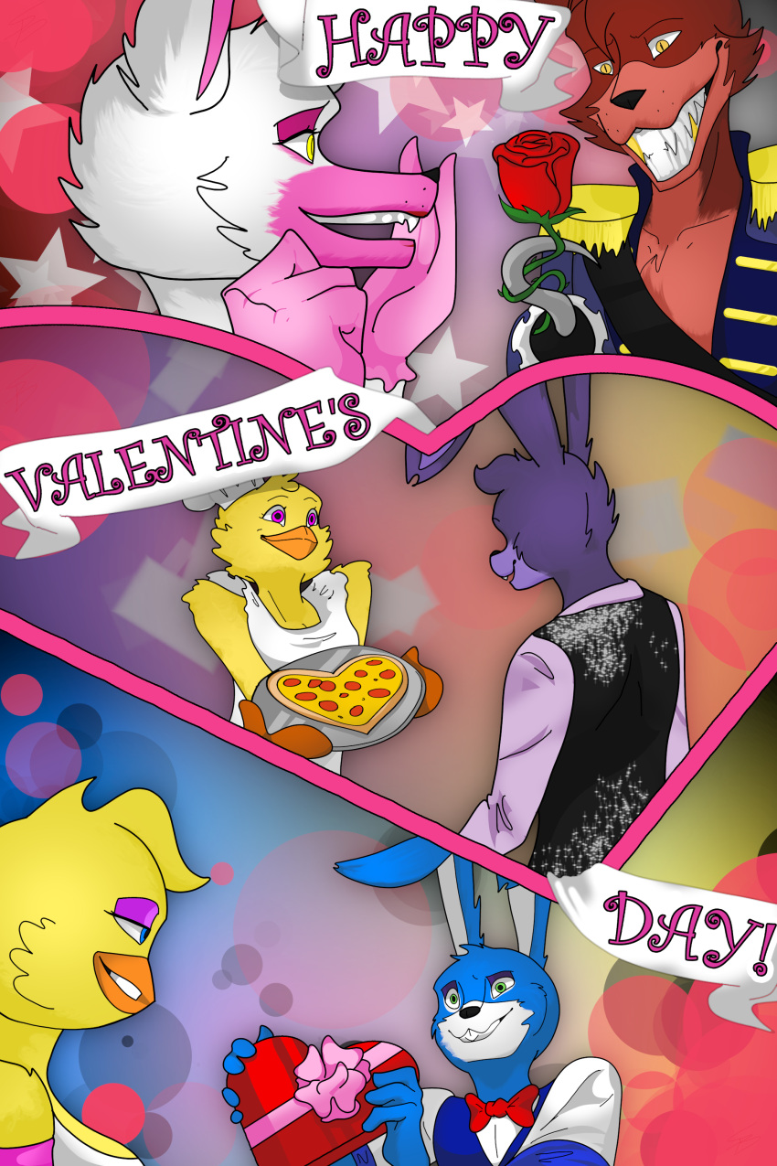 &lt;3 absurd_res anthro avian beak bird bonnie_(fnaf) bow_tie box_of_chocolates candy canid canine chef_hat chica_(fnaf) chicken chocolate clothing dessert detailed_background fangs feathers female five_nights_at_freddy's five_nights_at_freddy's_2 flower food fox foxy_(fnaf) galliform gallus_(genus) group hat headgear headwear hi_res holidays hook hook_hand lagomorph leporid male male/female mammal mangle_(fnaf) phasianid pirate pizza plant rabbit romantic romantic_couple rose_(flower) scottgames starblazing toy_bonnie_(fnaf) toy_chica_(fnaf) valentine's_day video_games