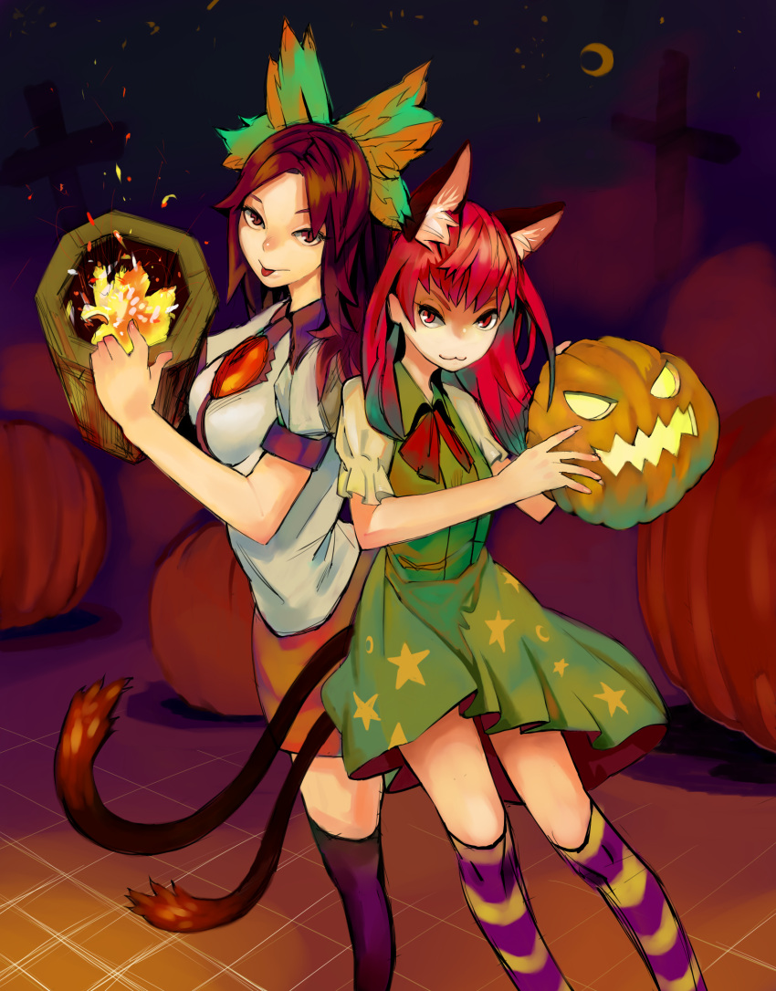 2girls :3 adapted_costume alternate_hairstyle animal_ear_fluff animal_ears arm_cannon bangs blush bow bowtie brown_eyes brown_hair cat_ears cat_tail closed_mouth crescent_moon crescent_print cross dress embers extra_ears eyebrows_behind_hair feet_out_of_frame fire green_bow green_dress hair_bow hair_down highres jack-o'-lantern kaenbyou_rin light_particles looking_at_viewer moon multiple_girls multiple_tails nekomata night night_sky nose_blush onion_(onion_and_pi-natto) orange_skirt over-kneehighs puffy_short_sleeves puffy_sleeves red_bow red_bowtie red_eyes red_hair reiuji_utsuho shirt short_sleeves skirt sky standing star_(symbol) star_print tail thighhighs touhou tsurime two_tails v-shaped_eyebrows weapon white_shirt wing_collar