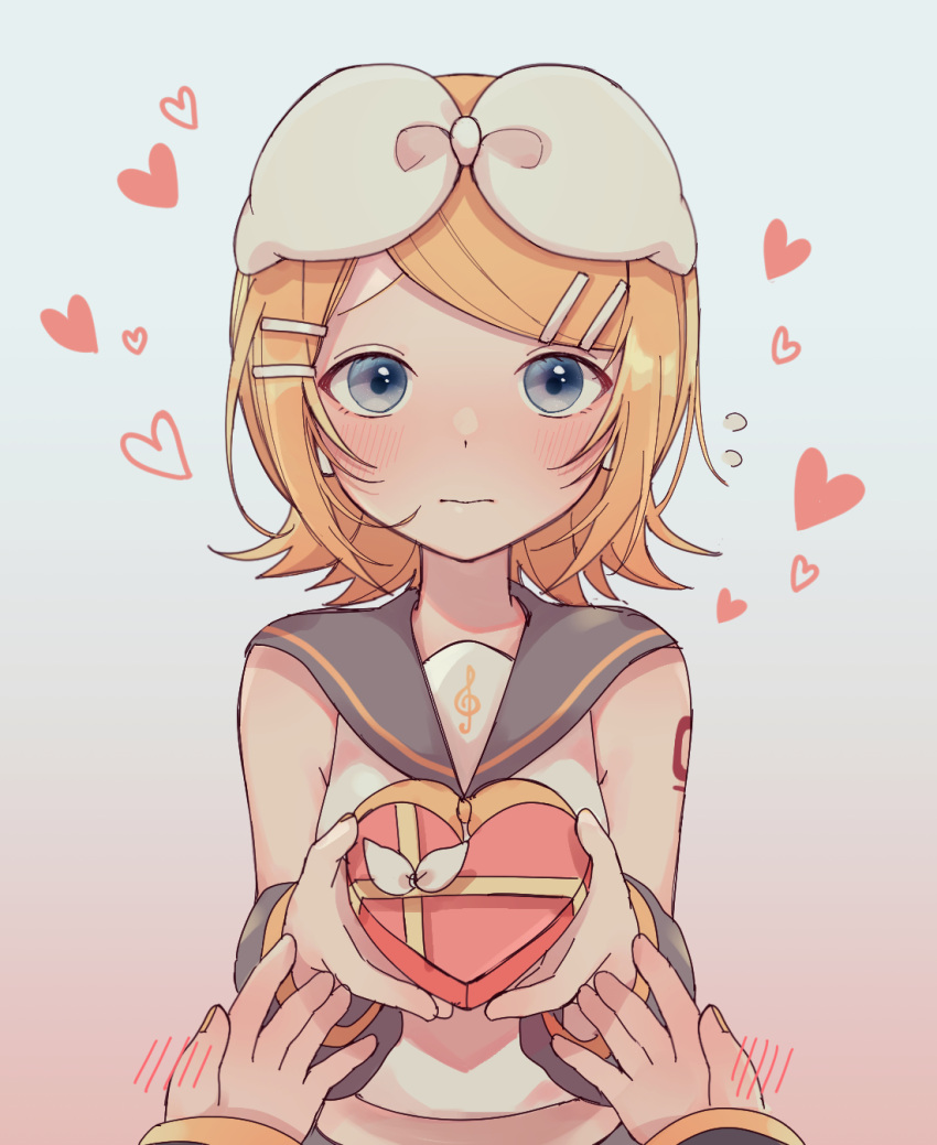 1boy 1girl bare_shoulders blonde_hair blue_eyes blush bow box box_of_chocolates crop_top detached_sleeves flying_heart food gift hair_bow hair_ornament hairclip headphones headset heart-shaped_box highres holding holding_box holding_food holding_gift kagamine_len kagamine_rin midriff nervous out_of_frame pov pov_hands sailor_collar sazanami_(ripple1996) shirt shoulder_tattoo sleeveless sleeveless_shirt solo_focus tattoo treble_clef upper_body valentine vocaloid wavy_mouth