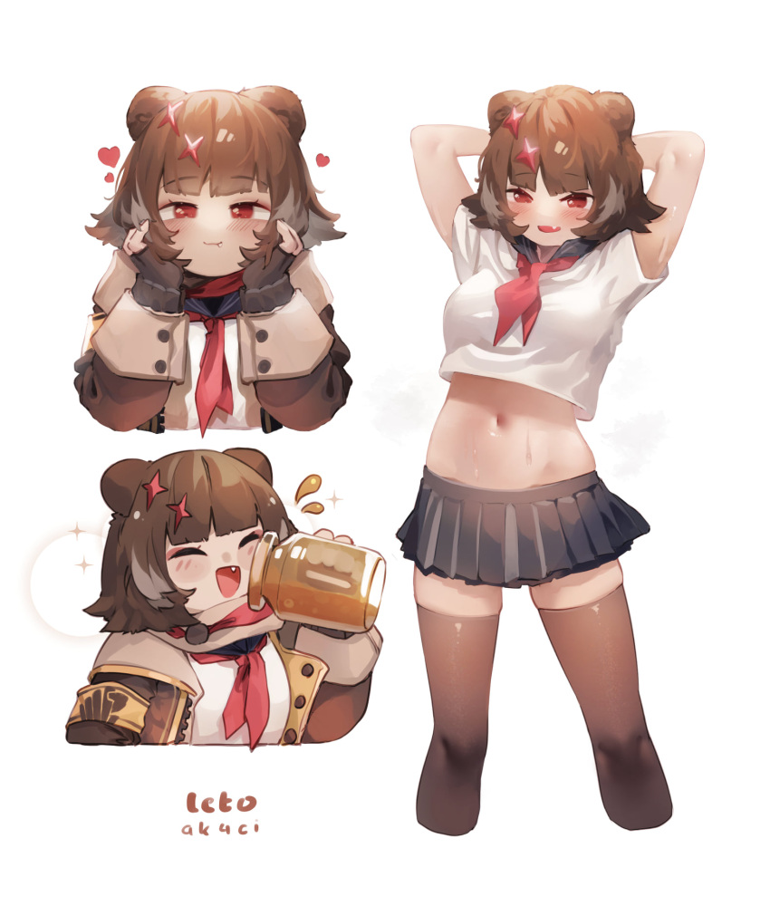 1girl :d ak4ci animal_ears arknights arms_behind_back arms_up artist_name bear_ears black_legwear black_skirt blush blush_stickers breasts brown_hair brown_jacket character_name closed_eyes crop_top cropped_torso drinking fang hands_on_own_cheeks hands_on_own_face heart highres holding jacket jar leto_(arknights) long_sleeves looking_at_viewer medium_breasts midriff miniskirt multiple_views navel neckerchief open_clothes open_jacket pleated_skirt red_eyes red_neckerchief school_uniform serafuku shirt short_hair short_sleeves simple_background skirt smile sparkle stomach sweat thighhighs white_background white_shirt zettai_ryouiki