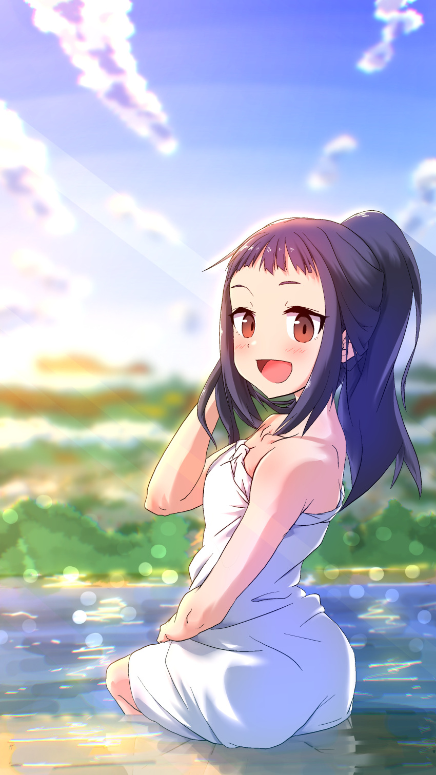 1girl :d absurdres blurry blurry_background brown_eyes highres long_hair looking_at_viewer looking_back naked_towel oekakiism oogaki_chiaki outdoors ponytail purple_hair short_bangs sitting sky smile solo towel yurucamp