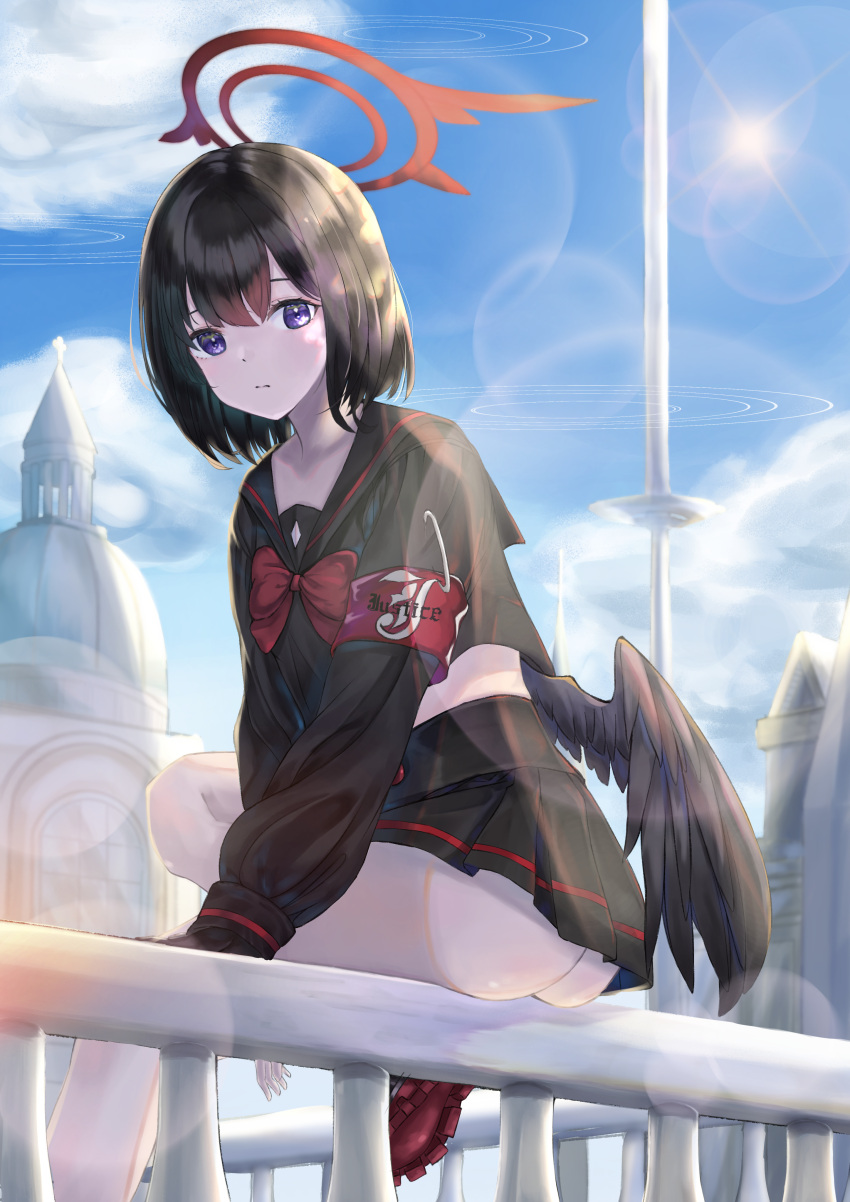 1girl absurdres armband ass black_hair black_sailor_collar black_serafuku black_skirt black_wings blue_archive bow bowtie closed_mouth cloud cloudy_sky crop_top feathered_wings halo high-waist_skirt highres lens_flare lens_flare_abuse long_sleeves looking_at_viewer low_wings mashiro_(blue_archive) miniskirt no_panties pleated_skirt purple_eyes railing red_bow red_bowtie safety_pin sailor_collar school_uniform serafuku short_hair sitting_on_railing skirt sky solo sun wings yuryou_jime