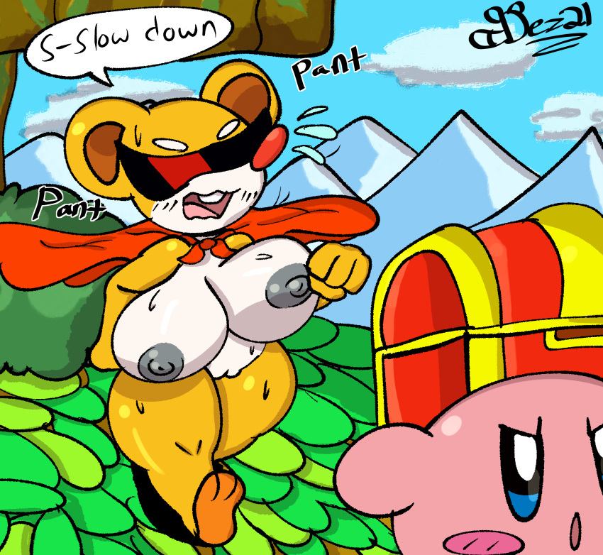 anthro big_breasts big_butt bodily_fluids bouncing_breasts breasts butt cape clothing dezmine21 digital_media_(artwork) duo exhausted eyewear female fur genitals hi_res huge_breasts kirby kirby_(series) kirby_squeak_squad mammal mouse murid murine nintendo nipples nude open_mouth outside plant pussy rodent running spinni sweat sweatdrop text thick_thighs video_games white_body yellow_body yellow_fur