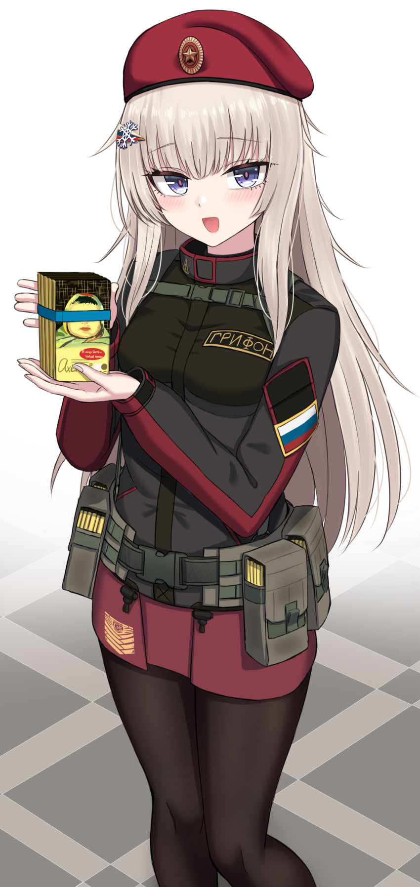 1girl absurdres ak74m_(girls'_frontline) bangs beret black_jacket black_legwear blue_eyes blush candy chocolate chocolate_bar eyebrows_visible_through_hair feet_out_of_frame food girls'_frontline hair_ornament hat highres holding jacket light_brown_hair long_sleeves looking_at_viewer open_mouth pantyhose red_headwear red_skirt russian_flag skirt snowflake_hair_ornament solo yakob_labo