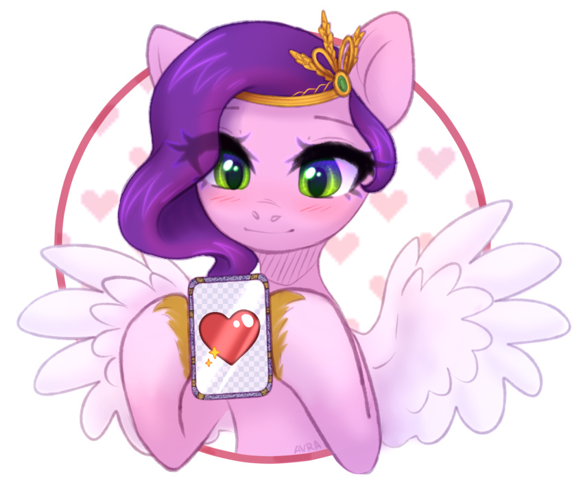 accessory avrameow blush equid equine eyelashes female feral green_eyes hair hair_accessory hasbro hi_res holidays hooves looking_down mammal mlp_g5 my_little_pony pegasus phone pink_body pipp_petals_(mlp) purple_hair solo valentine's_day wings