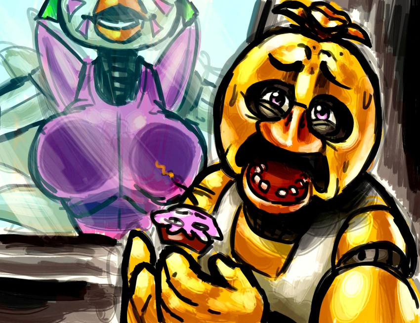 against_surface animatronic avian beak bib bird bodily_fluids breasts breasts_against_glass chica_(fnaf) chicken clothed clothing cupcake_(fnaf) duo female five_nights_at_freddy's five_nights_at_freddy's:_security_breach food food_creature frown galliform gallus_(genus) glamrock_chica_(fnaf) head_feathers hi_res holding_food holding_object jewelry looking_at_viewer machine meme non-mammal_breasts on_glass open_beak open_frown open_mouth parody phasianid piercing pink_eyes robot scottgames square_crossover sweat sweatdrop unknown_artist upset video_games white_body yellow_body