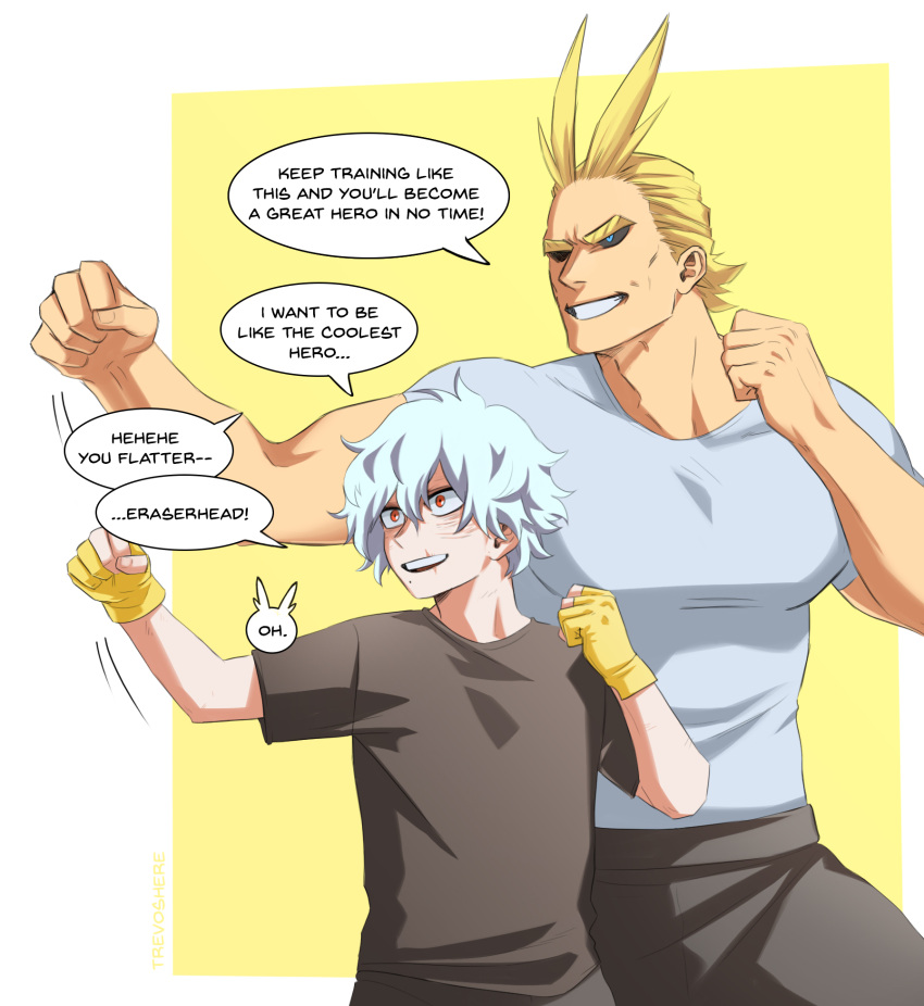 2boys all_might alternate_universe bangs black_pants black_sclera black_shirt blonde_hair blue_eyes boku_no_hero_academia clenched_hands colored_sclera english_text fighting_stance fingerless_gloves gloves grey_hair grey_shirt grin highres large_pectorals male_focus multiple_boys muscular muscular_male pants pectorals red_eyes shigaraki_tomura shirt short_hair smile speech_bubble teeth thick_eyebrows trevo_(trevoshere) white_background wrinkled_skin yellow_background yellow_gloves younger