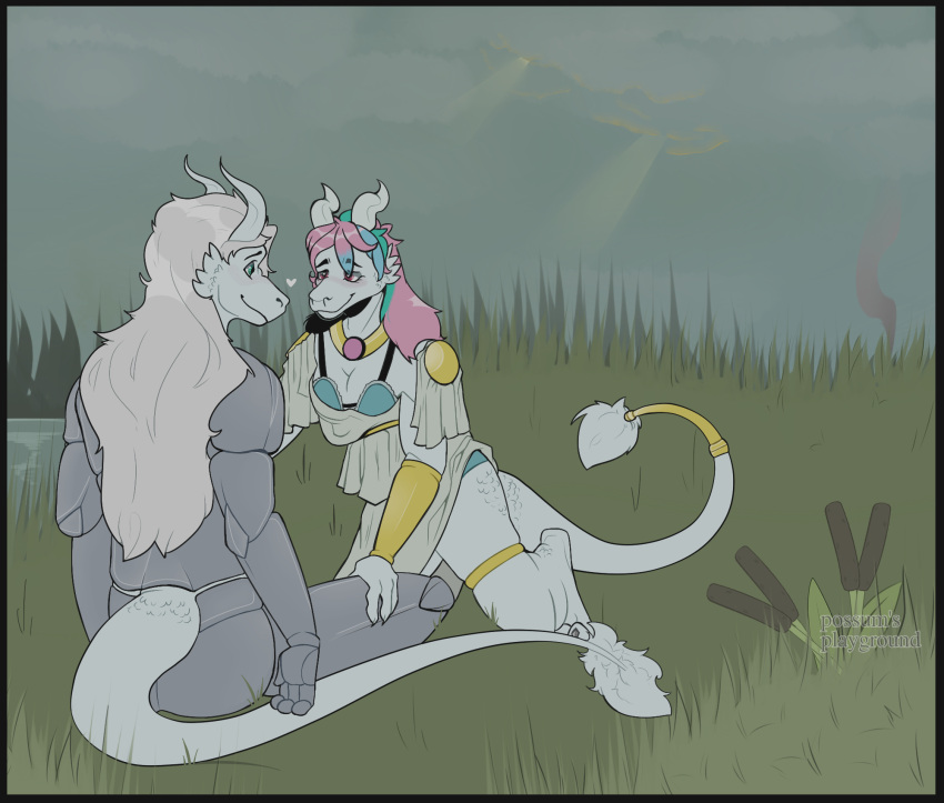 anthro argonian armor bethesda_softworks bra clothing dress duo female forest forest_background grass hi_res lizard love male male/female nature nature_background plant possum's_playground reptile romantic scalie smoke swamp the_elder_scrolls tree underwear video_games water