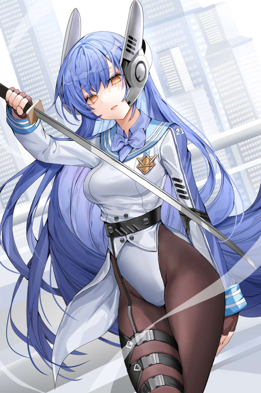 1girl bangs blue_bow blue_hair blue_shirt bow bowtie brown_gloves brown_legwear cityscape collared_shirt commentary commission cowboy_shot english_commentary eyebrows_visible_through_hair fingerless_gloves girls'_frontline gloves hand_up high-waist_pantyhose highres holding holding_weapon katana leotard lloule long_hair long_sleeves looking_at_viewer multicolored_shirt pantyhose parted_lips robot_ears shirt solo standing sword tar-21_(girls'_frontline) thigh_strap very_long_hair weapon white_leotard white_shirt yellow_eyes