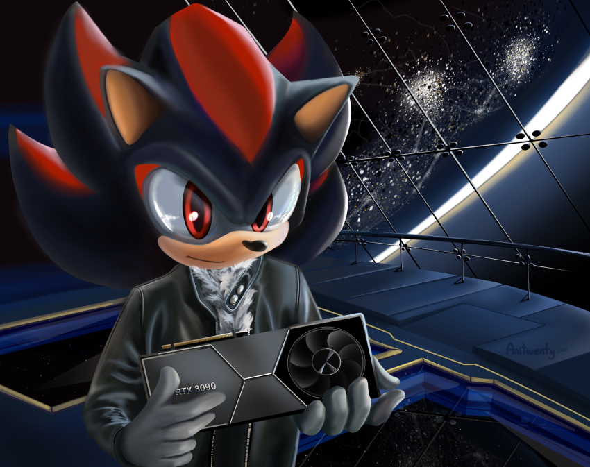 absurd_res anitwenty chest_fur chest_tuft clothing earth eulipotyphlan graphics_card hedgehog hi_res jacket leather leather_clothing leather_jacket leather_topwear male mammal sega shadow shadow_the_hedgehog solo sonic_the_hedgehog_(series) space space_colony_ark topwear tuft