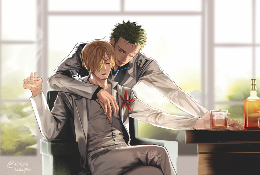 2boys alcohol blonde_hair crossed_legs cup facial_hair formal green_hair grin hair_over_one_eye highres kotomine_(a1569) male_focus multiple_boys one_piece open_mouth roronoa_zoro sanji smile smoking suit yaoi
