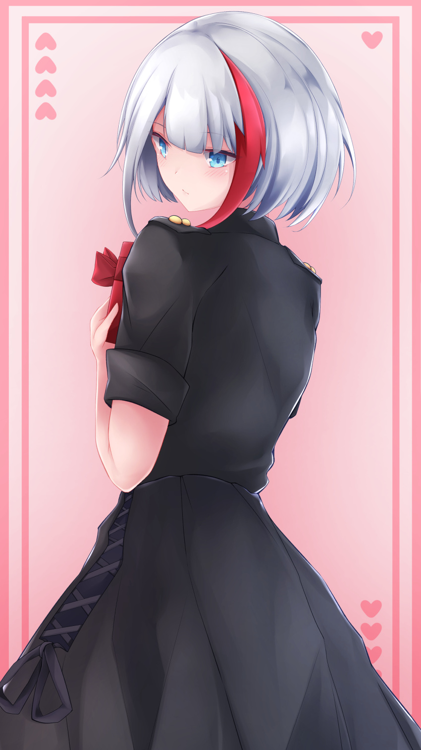 1girl absurdres admiral_graf_spee_(azur_lane) admiral_graf_spee_(girl's_sunday)_(azur_lane) azur_lane black_dress blue_eyes blush commentary_request dress expressionless from_behind gift hands_up highres holding holding_gift looking_at_viewer looking_back medium_hair multicolored_hair official_alternate_costume osatou_(soul_of_sugar) red_hair silver_hair solo streaked_hair two-tone_hair valentine