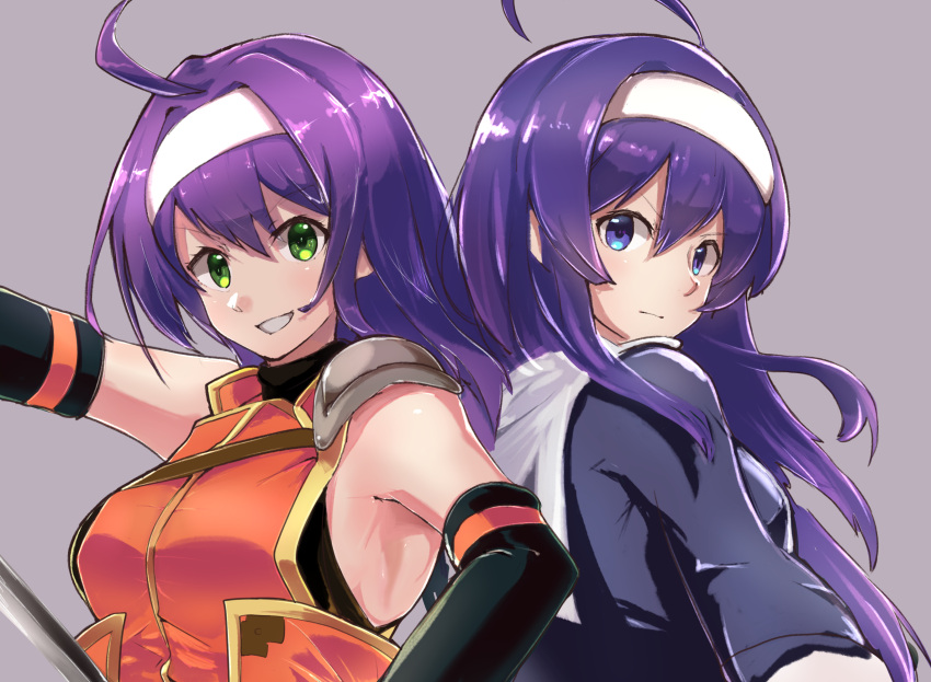 2girls armor armpits blue_eyes detached_sleeves fire_emblem fire_emblem:_radiant_dawn green_eyes headband highres hirotaka_(hrtk990203) look-alike looking_at_viewer mia_(fire_emblem) multiple_girls orie_(under_night_in-birth) purple_hair sword under_night_in-birth weapon