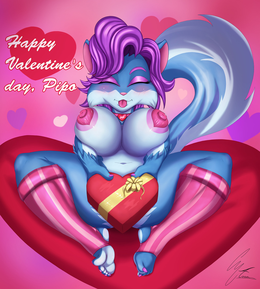 accessory anthro big_breasts blue_body blush breasts candy canid canine chocolate clothing dessert erect_nipples eyes_closed feet female food fox g4rron gift hair happy hi_res holidays humanoid_feet mammal navel nipple_tape nipples paladins pasties pepper_(paladins) pink_nose purple_hair romantic smile solo spread_legs spreading tape thick_thighs tongue tongue_out topwear valentine's_day