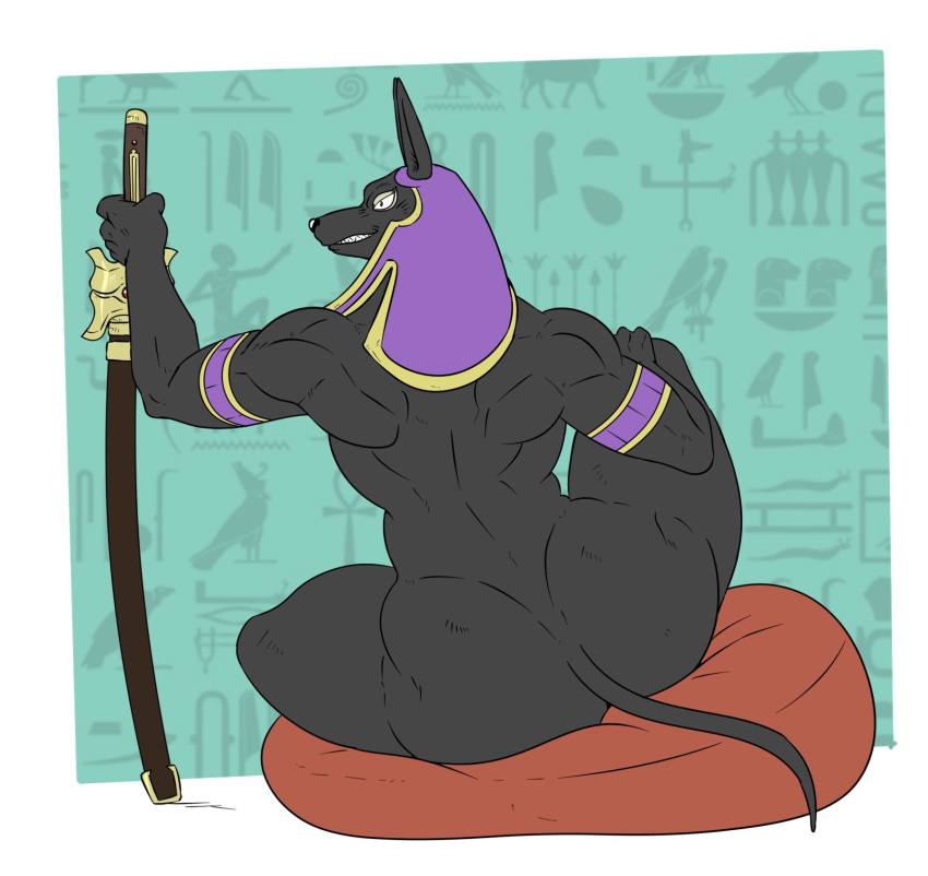 2021 a-side anthro anubian_jackal anubis armband butt canid canine canis clenched_teeth clothing deity egyptian_mythology evil_grin hand_on_leg headgear headgear_only headwear headwear_only hi_res holding_object holding_sword holding_weapon jackal jojo's_bizarre_adventure looking_away male mammal melee_weapon middle_eastern_mythology mostly_nude mythology nude pillow pose rear_view sitting smile solo sword teeth weapon