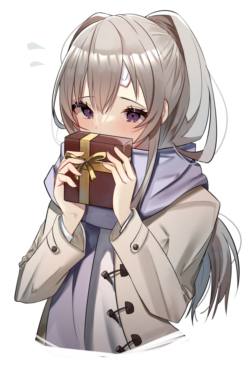 1girl bandaid bandaid_on_face coat covered_mouth cropped_torso duffel_coat gift grey_hair highres holding holding_gift idolmaster idolmaster_shiny_colors open_clothes open_coat purple_eyes purple_scarf scarf simple_background solo thousa_01 upper_body white_background yuukoku_kiriko