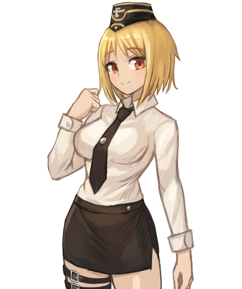 1girl absurdres black_neckwear black_skirt blonde_hair breasts closed_mouth collared_shirt commission cowboy_shot girls'_frontline hat highres impossible_clothes impossible_shirt long_sleeves mp40_(girls'_frontline) necktie orange_eyes pixiv_request shirt short_hair simple_background skirt smile solo sookmo thigh_strap white_background white_shirt