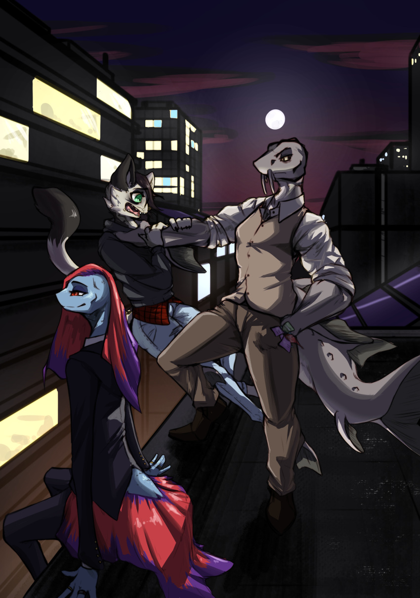 anthro betta_(genus) city clothed clothing domestic_cat father_hill felid feline felis fish fur garrett_(father_hill) gourami group hair hi_res male mammal marine money moon night outside pushing rooftop scared siamese_fighting_fish sky smile sturgeon suit topwear vest