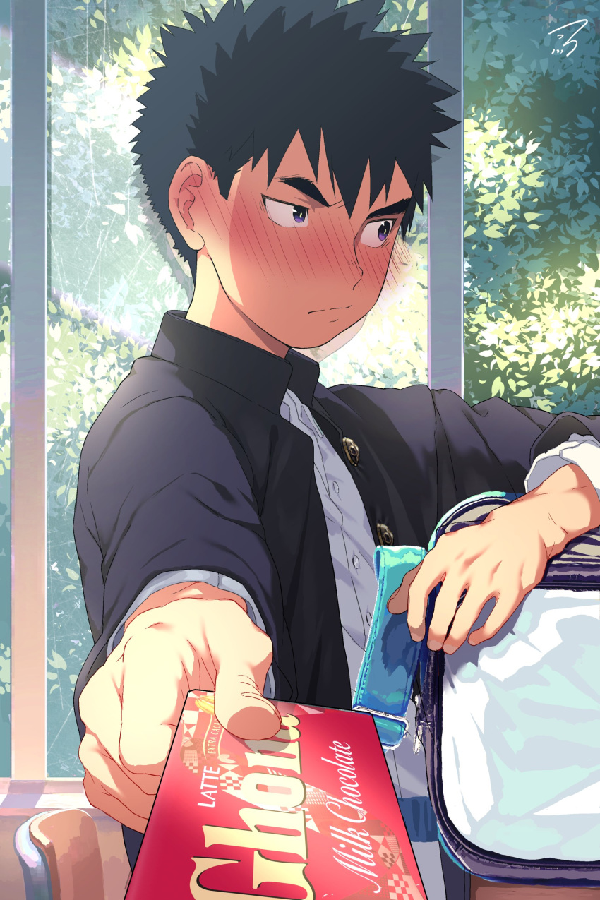 1boy absurdres bag black_hair black_jacket blush candy chocolate chocolate_bar closed_mouth day embarrassed food highres holding holding_chocolate holding_food indoors jacket male_focus open_clothes open_jacket original pov purple_eyes school_uniform shiba_yuuji shirt short_hair solo white_shirt window