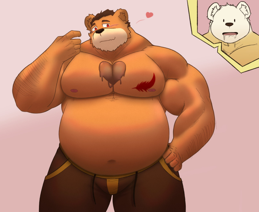 &lt;3 2022 alfredblaze anthro belly bodily_fluids bottomwear brown_body clothing drooling hank_(alfredblaze) hi_res holidays humanoid_hands male mammal moobs navel nipples overweight overweight_male pants saliva solo_focus ursid valentine's_day